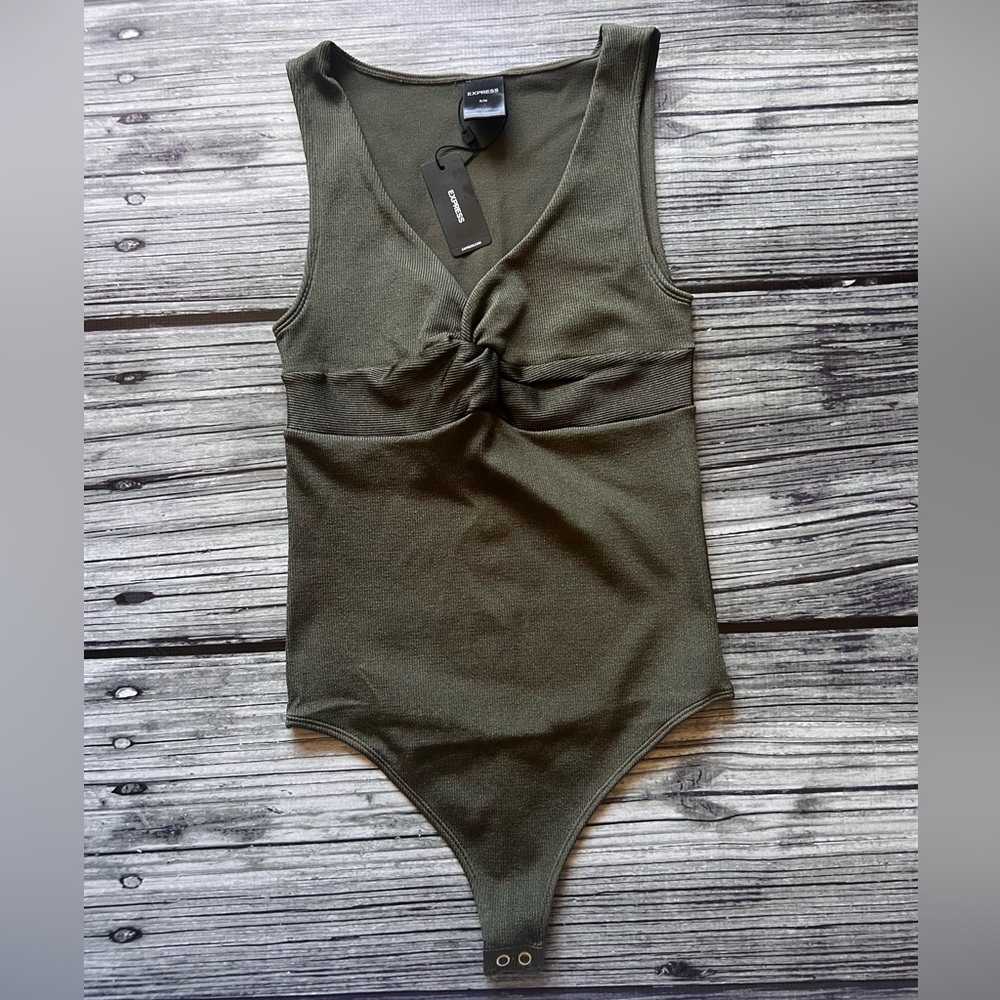 Express Olive Green Front Knotted Bodysuit